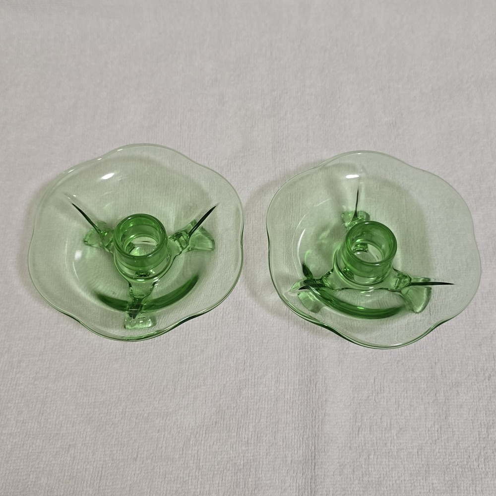 Vintage Green‎ Uranium Lotus 3 Footed Glass Candlestick Holders Set of 2